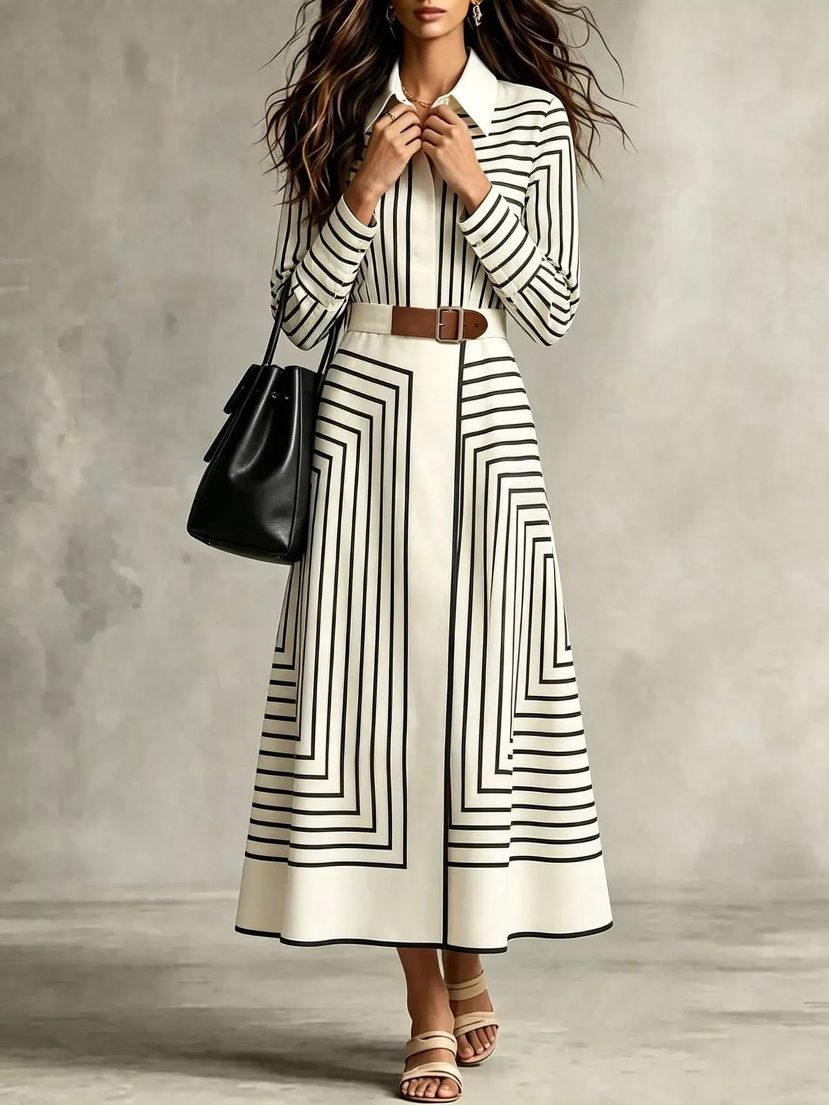 Geometric Stripe Belted Midi Shirt Dress — photo 6