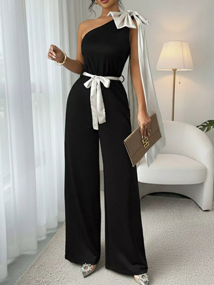 Bow-detail one-shoulder belted wide-leg jumpsuit