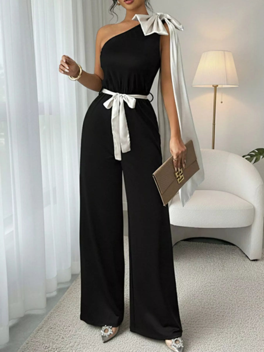 Bow-Detail One-Shoulder Belted Wide-Leg Jumpsuit