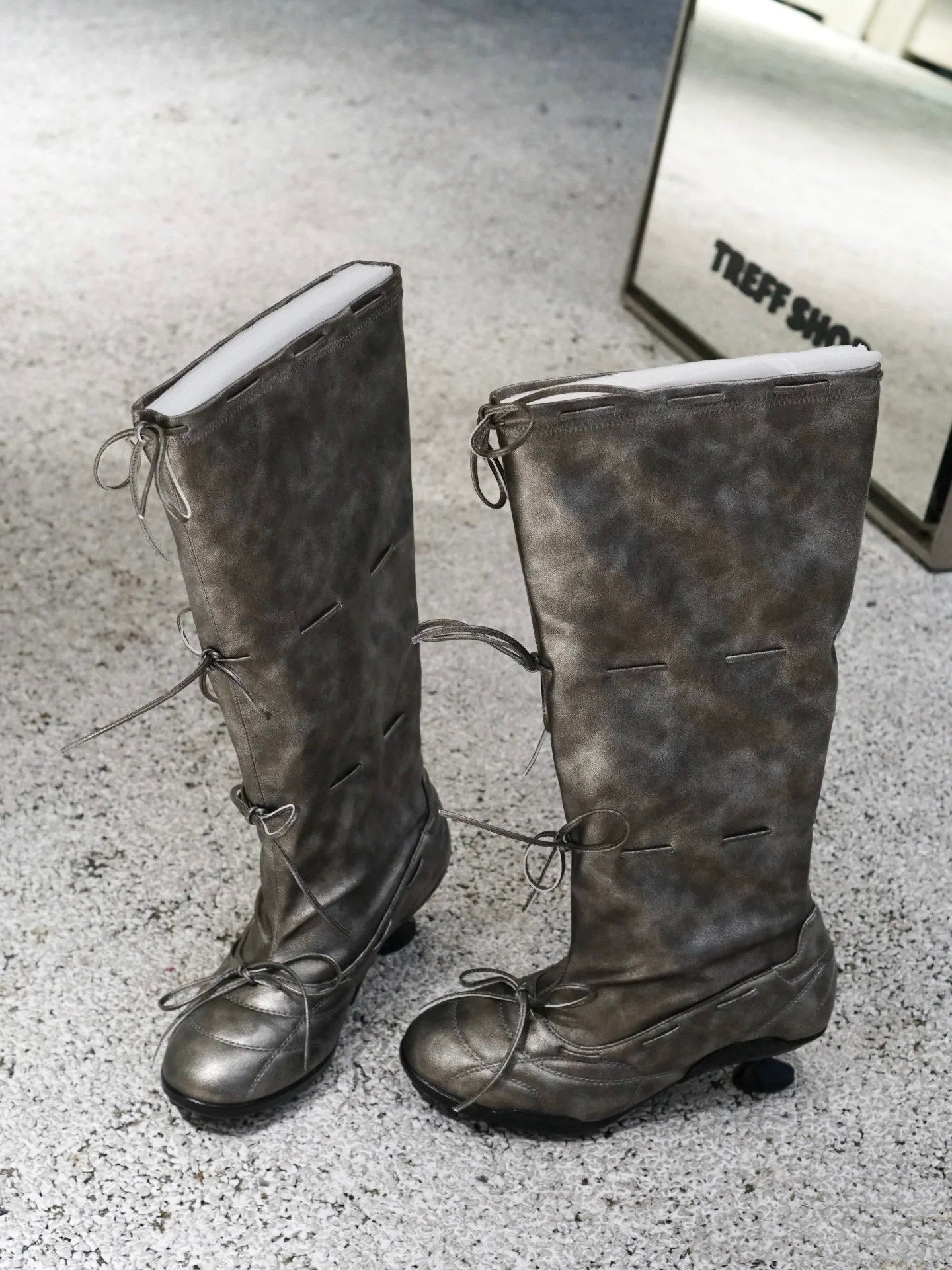 Women's Retro Thigh-High Ballet Boots with Bow Tie Straps - Square Toe Low Heel Fashion Boots