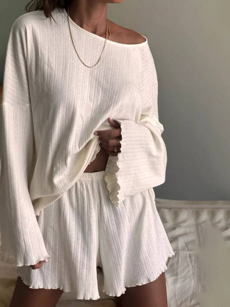 Ribbed Knit Long-Sleeve Top and Shorts Lounge Set