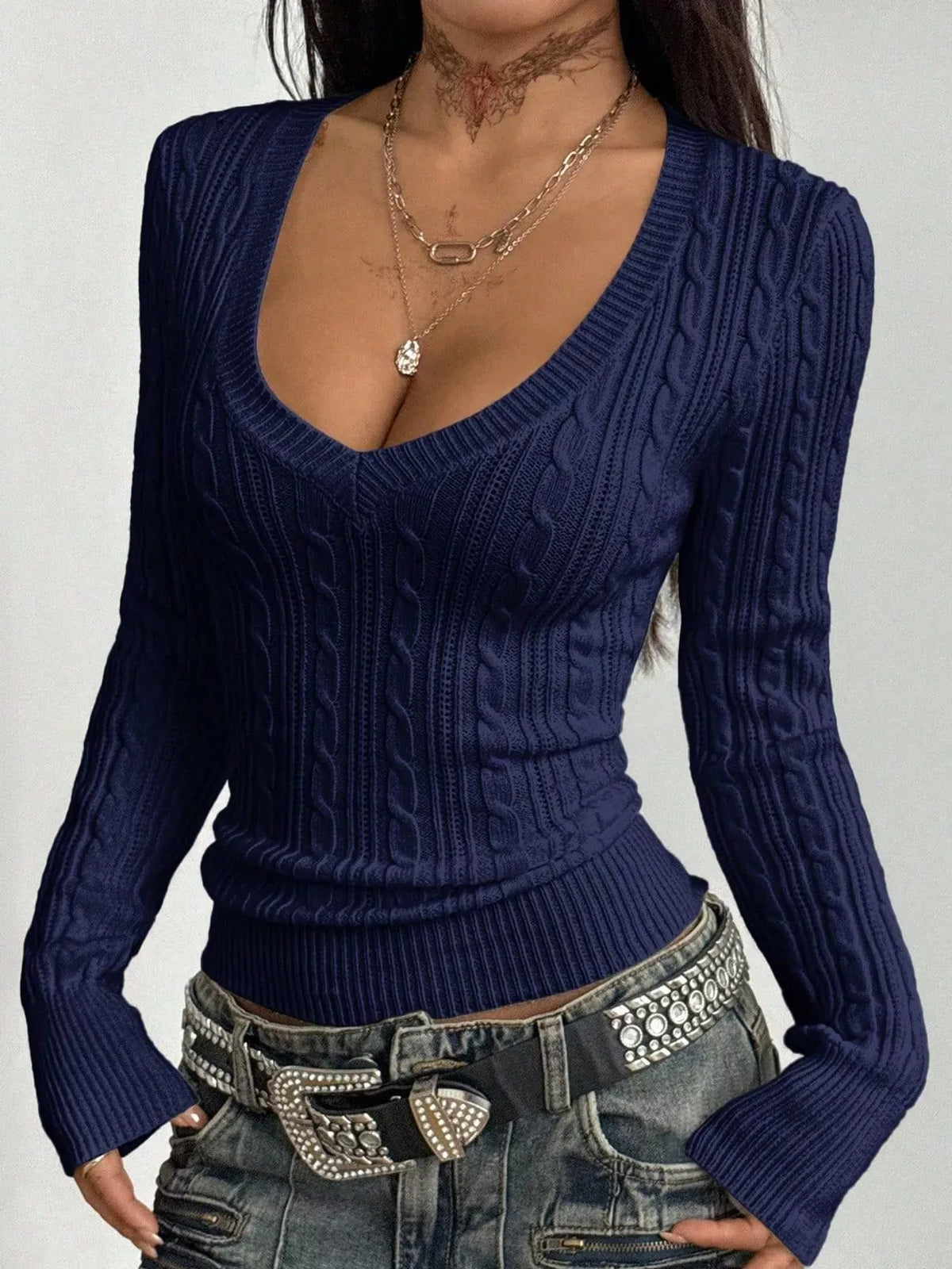 Women's Slim-Fit Cable-Knit Deep V-Neck Sweater — photo 16