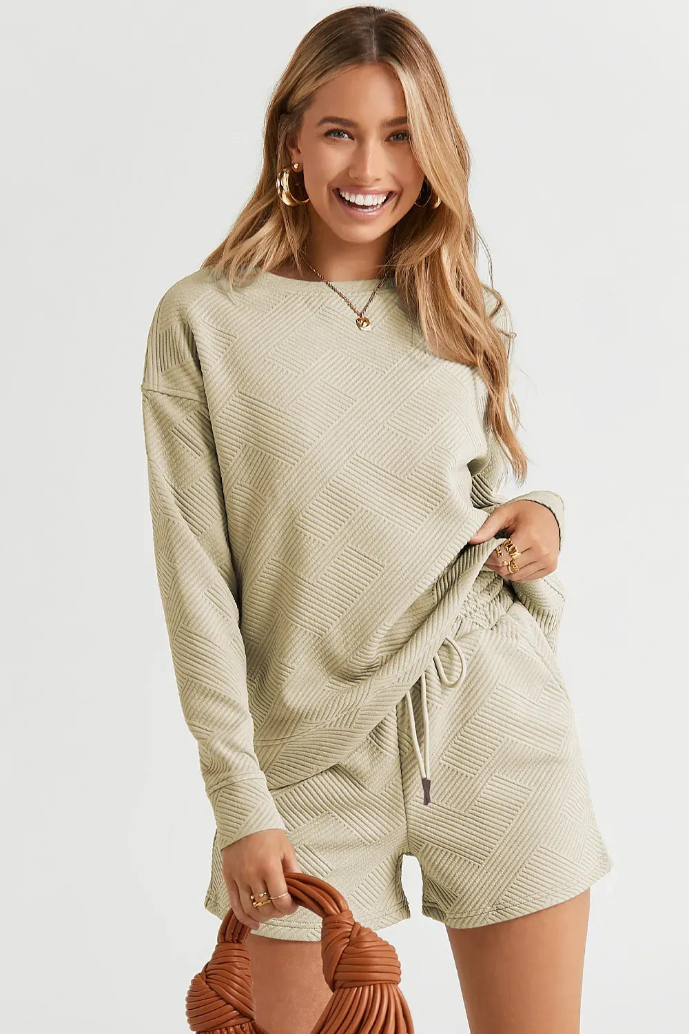 Double Take Textured Top & Drawstring Shorts Set — photo 29