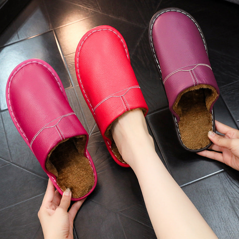 Women's Men's Winter Indoor Leather Slippers | Non-Slip Closed-Toe House Shoes | Cowhide Upper | Couples Slippers