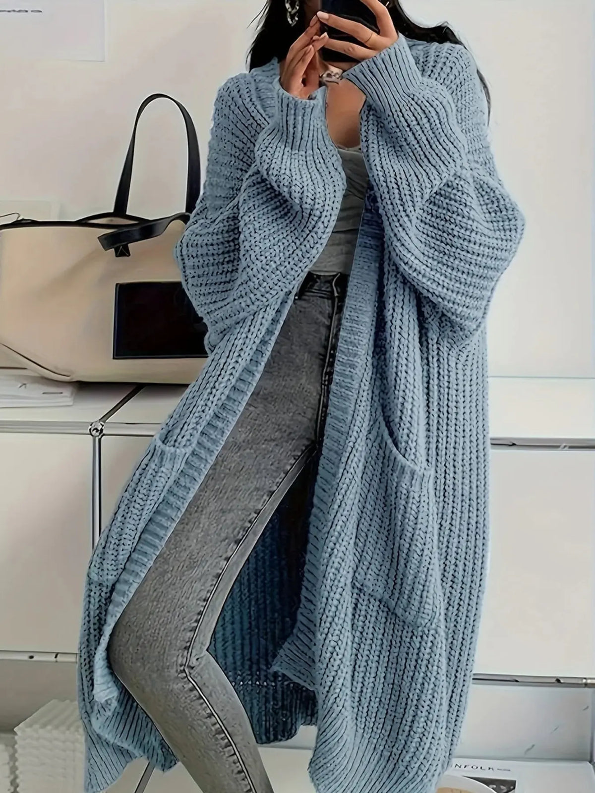 Oversized Openwork Longline Cardigan with Pockets — photo 82