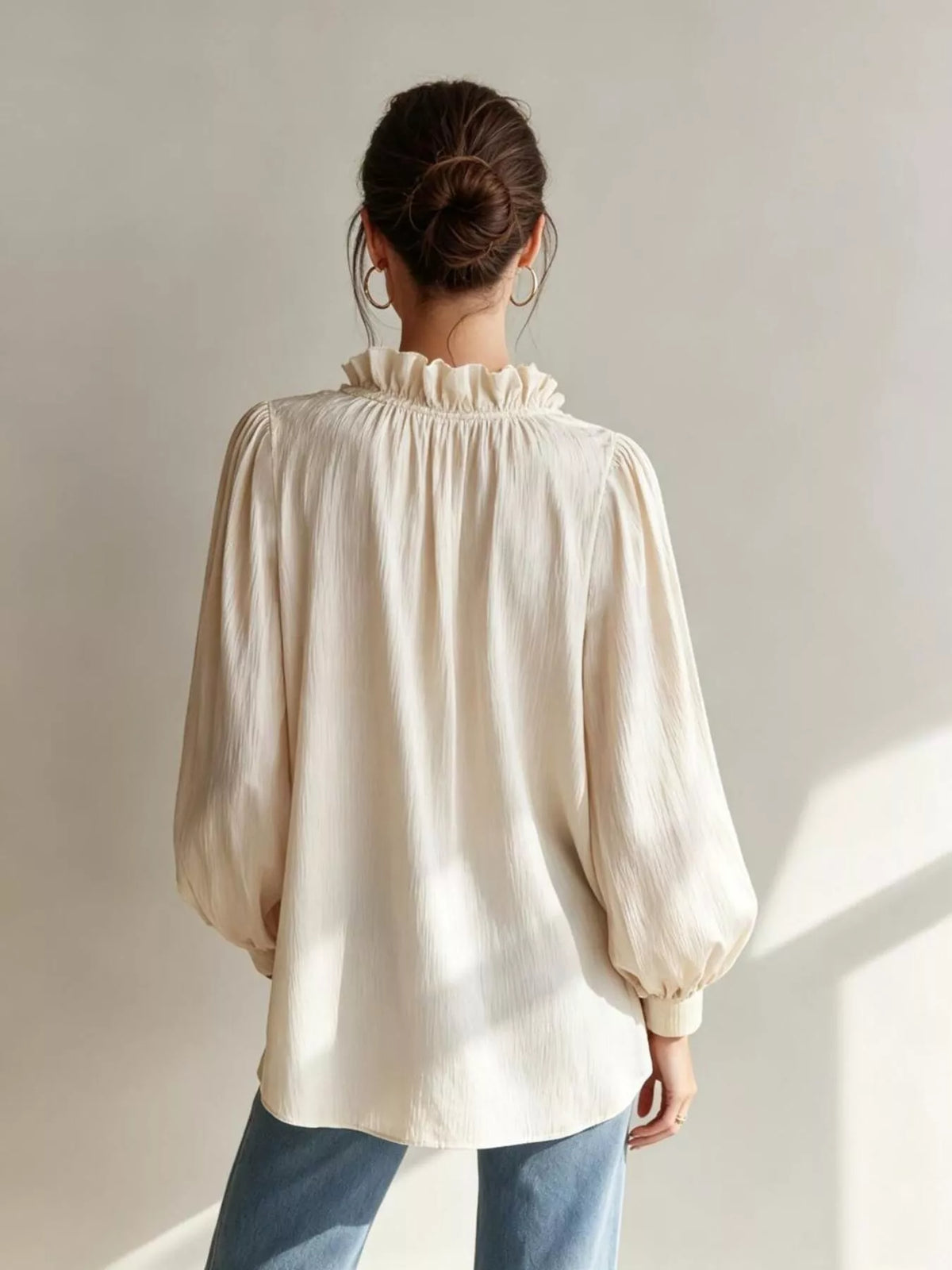 Frill-Trim Notched Long-Sleeve Blouse