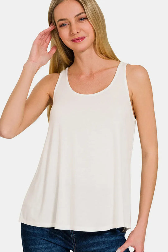 Another view: Round Neck Flowy Hem Tank