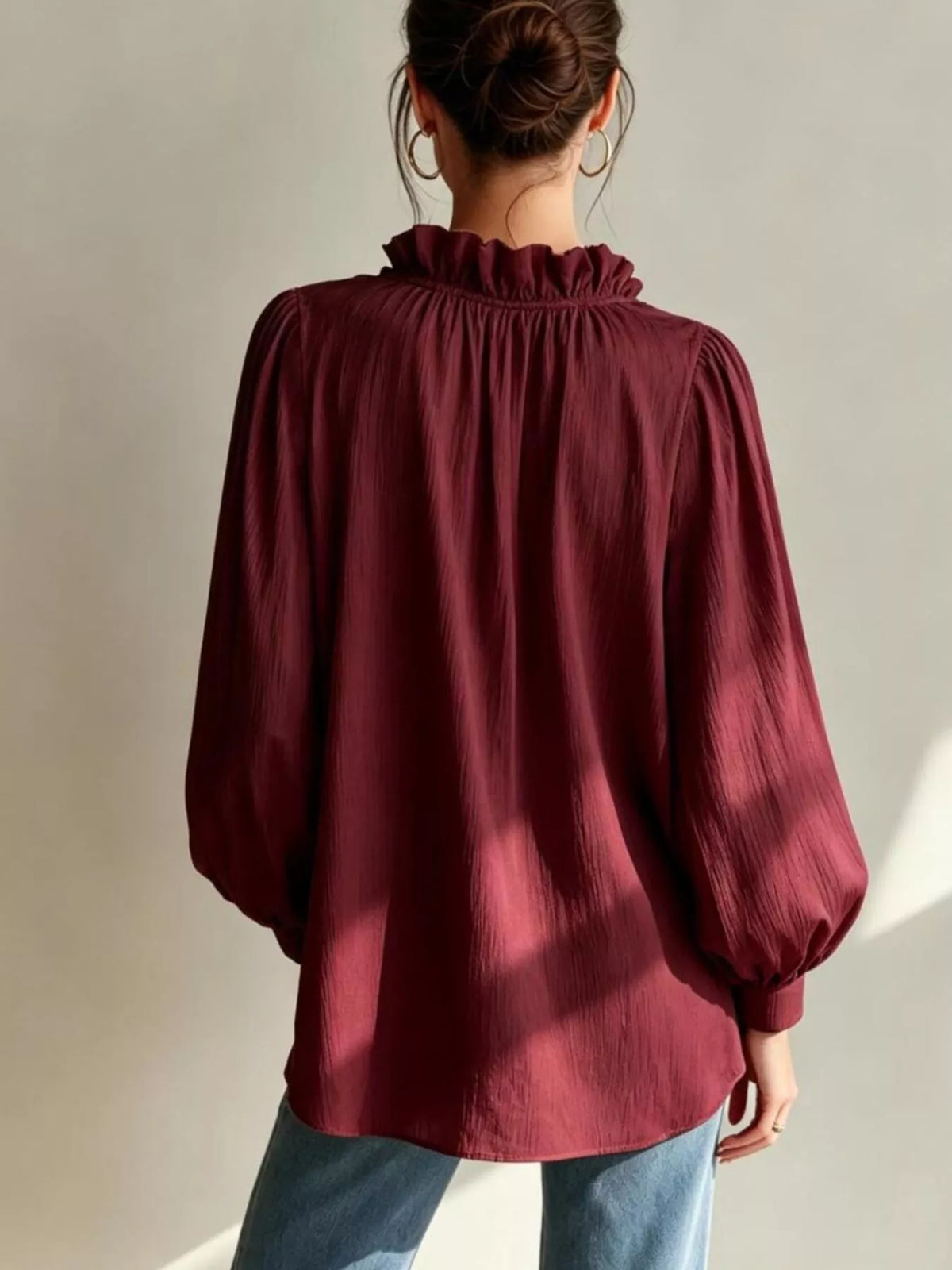 Frill-Trim Notched Long-Sleeve Blouse