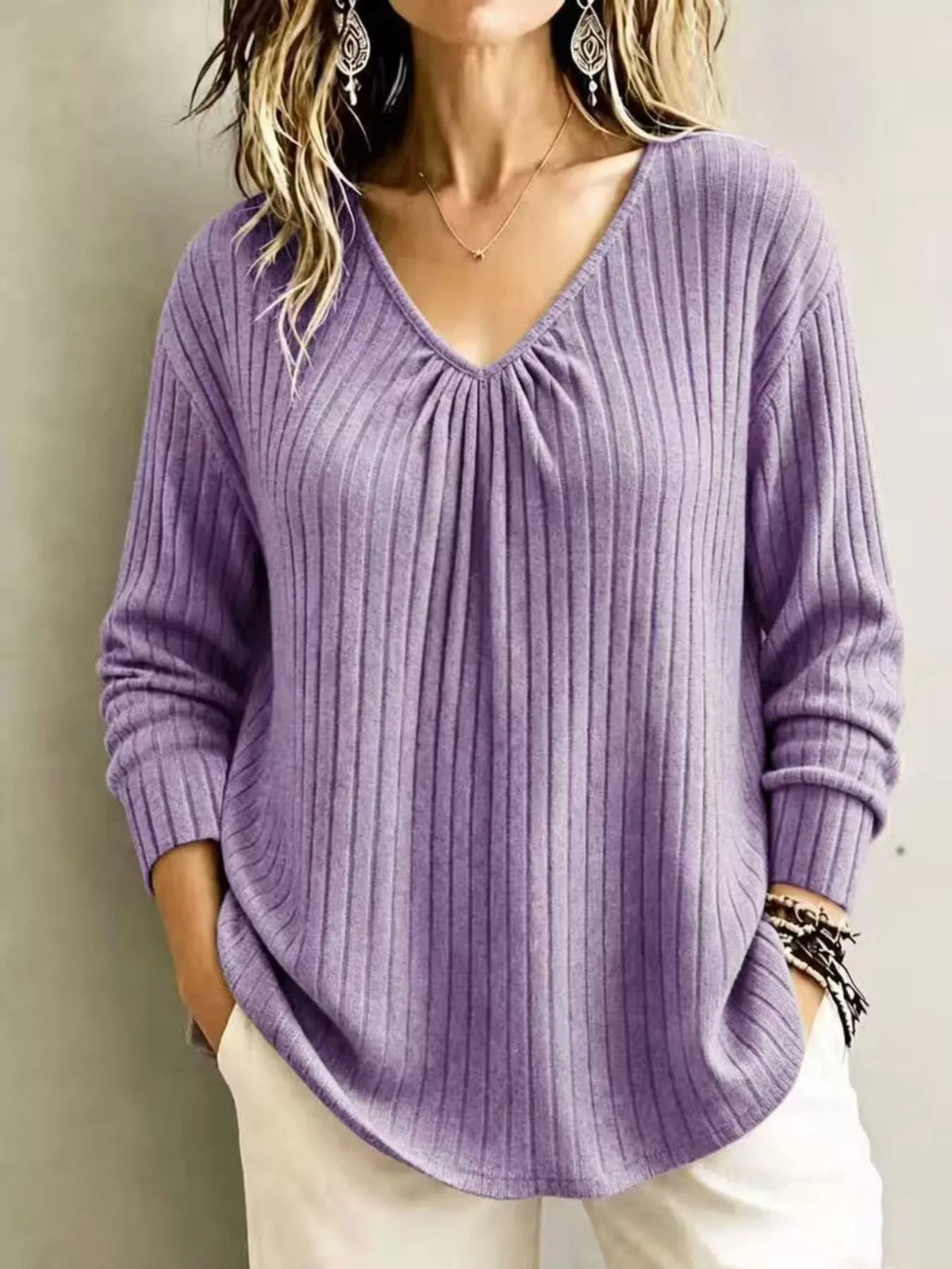 Women's Ribbed V-Neck Long-Sleeve Top — photo 13