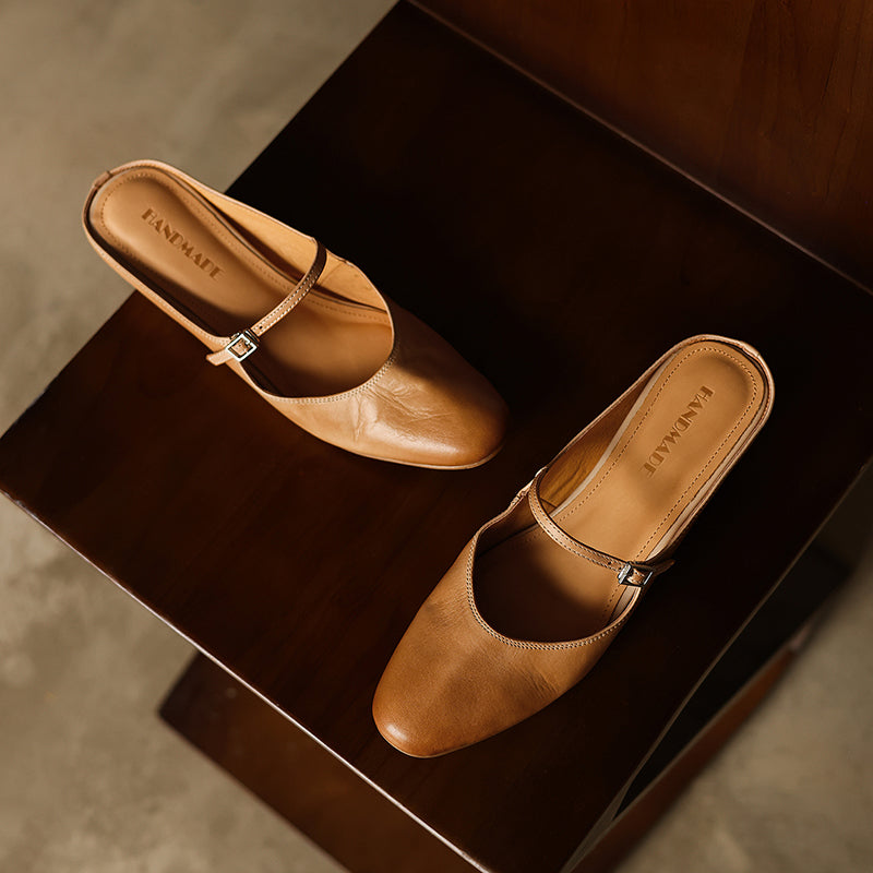Women's Full Grain Leather Mary Jane Mules | Low Heel Square Toe Slide Sandals
