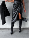 Black faux-leather tie-waist wrap midi skirt