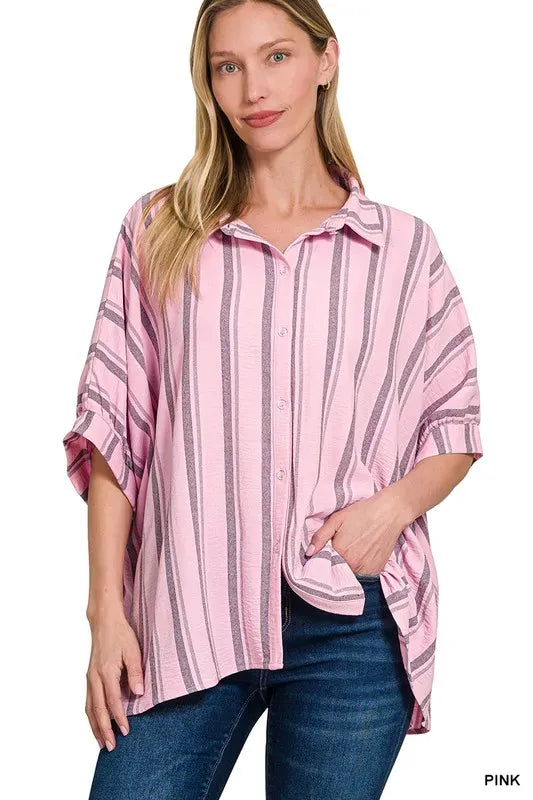 Another view: Woven Yarn-Dye Stripe Oversized Button Down Shirt — PINK