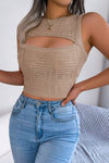 Geometric-knit sleeveless front-cutout crop top