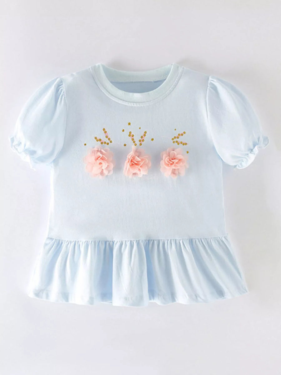 Floral Appliqué Puff-Sleeve Top — Light Blue