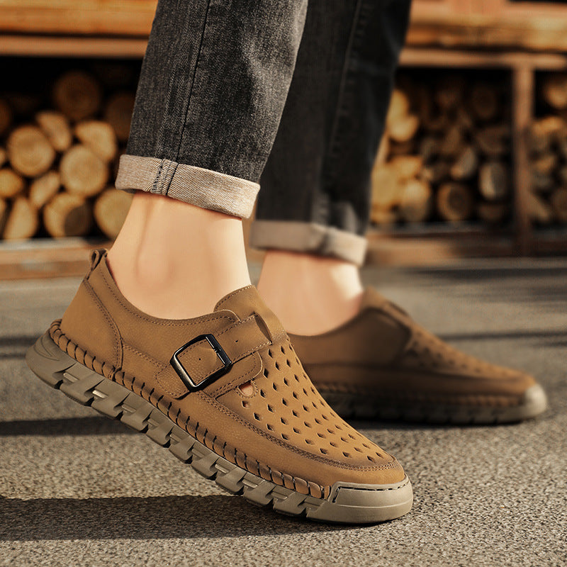Men's Breathable Casual Leather Shoes | Stitched Buckle Low-Top Sneakers