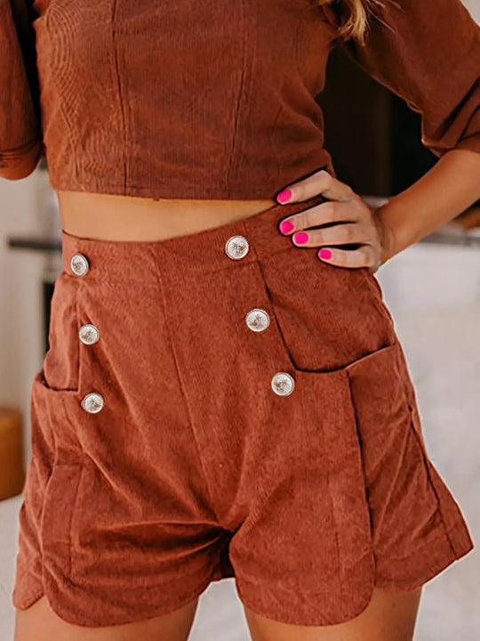Another view: Button Decor Scalloped Edge High Waist Corduroy Shorts