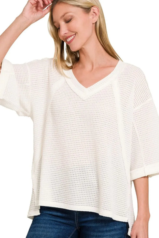 Another view: Brushed Waffle Exposed-seam 3/4 Sleeve Top