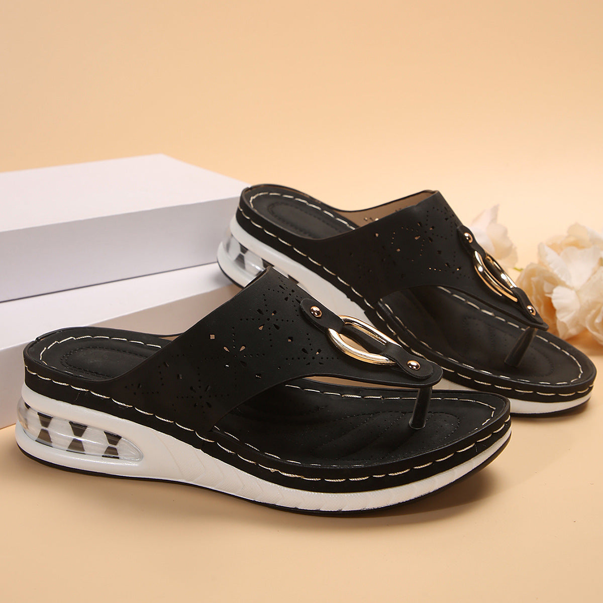 Women's Air Cushion Wedge Thong Sandals | Metal Buckle Flip Flops | Thick Sole Beach Shoes