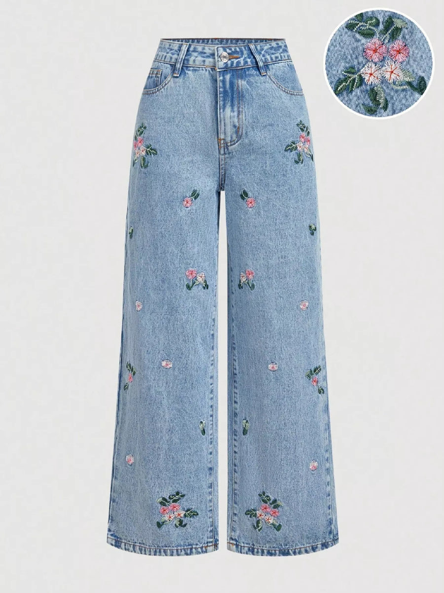 Embroidered Wide-Leg Jeans — Blue