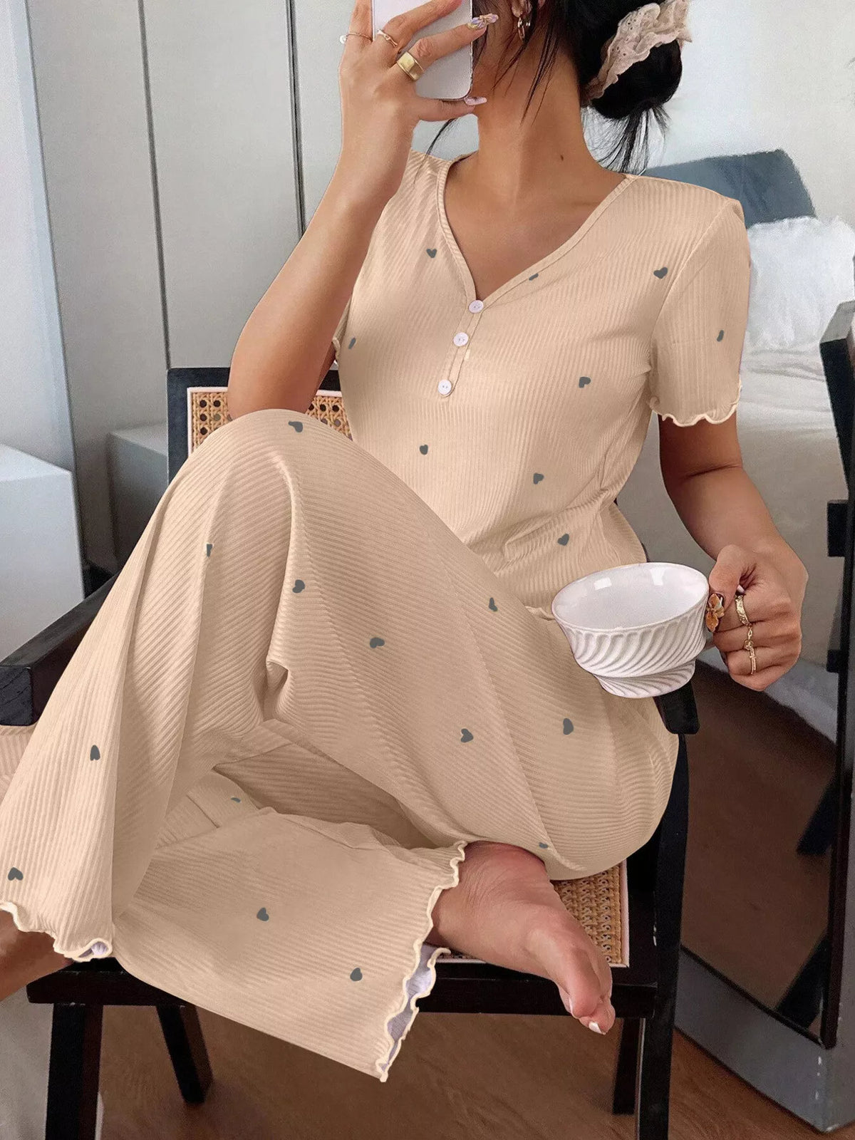Women's Heart-Print Lettuce-Trim Loungewear Set