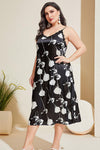Plus-size black floral lace-trim side-split nightgown