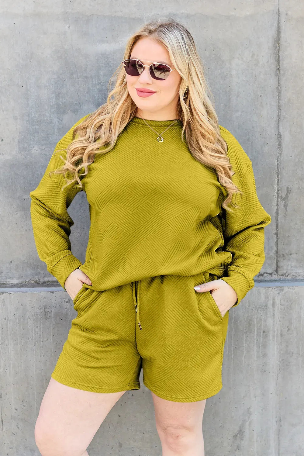 Double Take Textured Top & Drawstring Shorts Set — photo 25