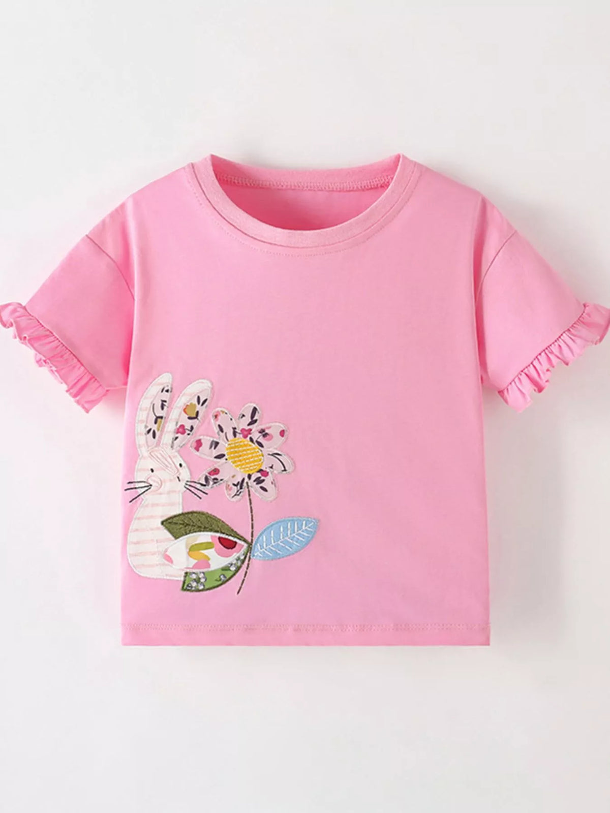 Girls’ Bunny & Flower Appliqué Ruffle-Sleeve T-Shirt — Pink