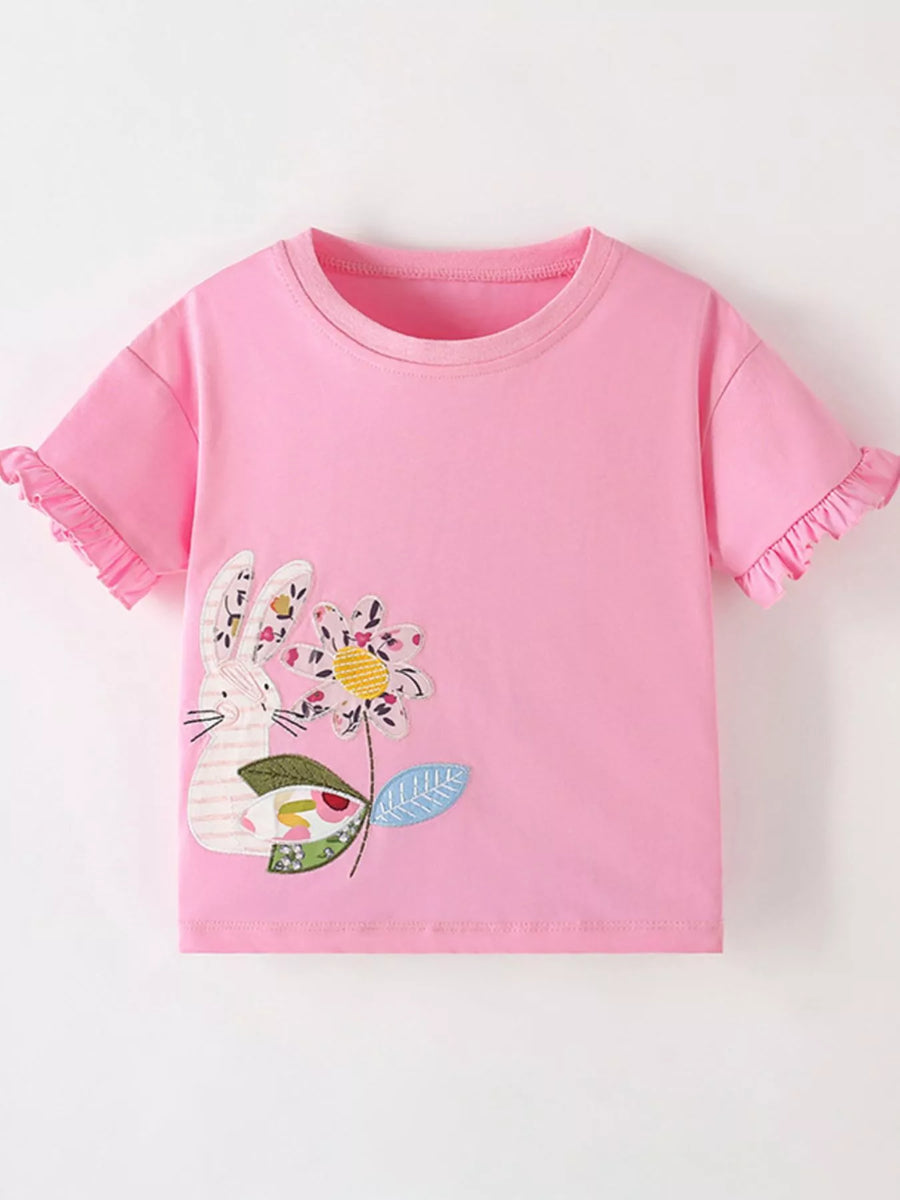 Girls’ Bunny & Flower Appliqué Ruffle-Sleeve T-Shirt — Pink