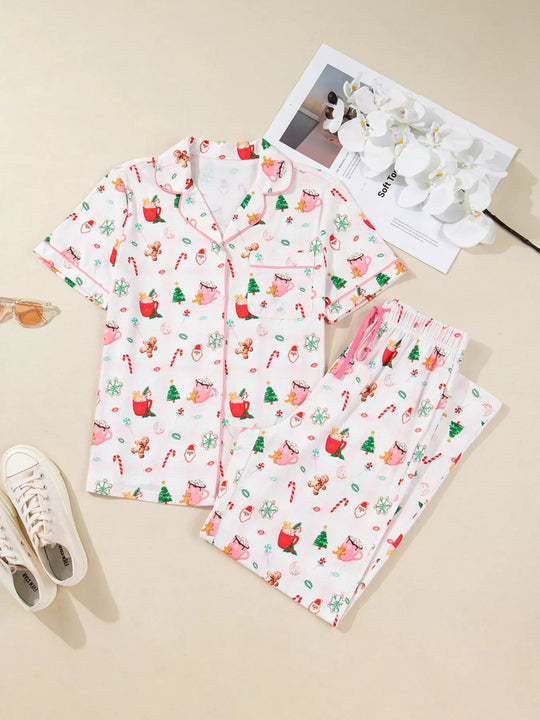 Another view: Christmas Spirit Cute Holiday Print Short-Sleeve Shirt and Pants 2pcs Pajama Set