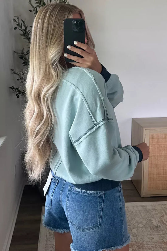 Another view: Colorblock Patchwork Cropped Sweatshirt — Pastel Blue