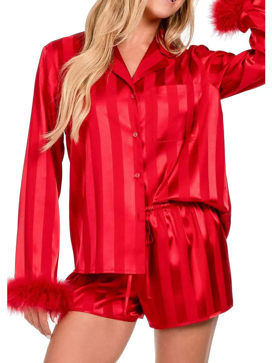 Another view: Striped Feather Trim Shirt and Shorts Lounge Set