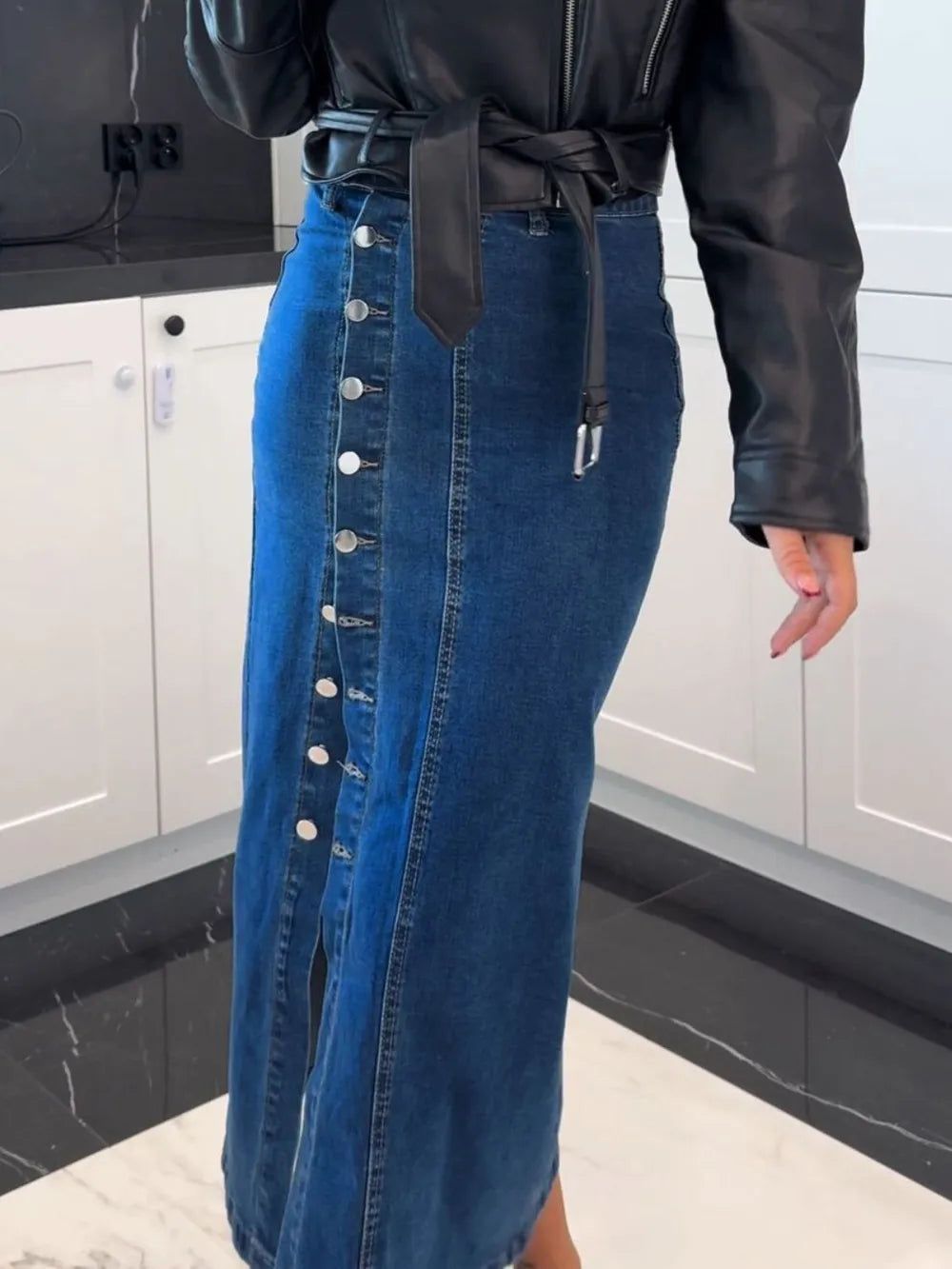 Women's Front-Button Slit Midi Denim Skirt
