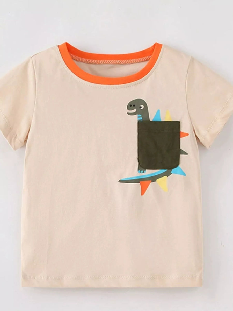 Kids’ Dinosaur Pocket Cotton T-Shirt — Eggshell