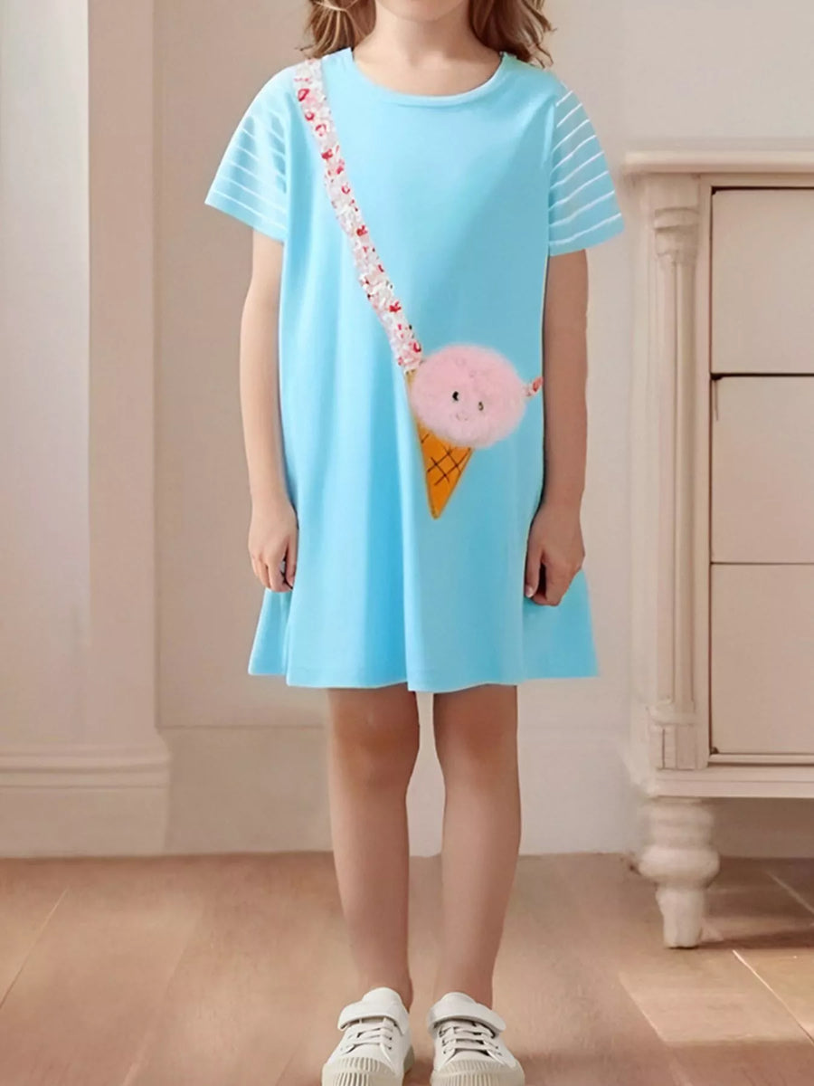 Girls' Ice-Cream Appliqué Cotton Dress – Pastel Blue