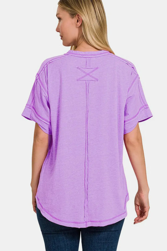 Another view: Exposed Seam Half Button Short Sleeve Top