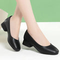 Women's Black Square Toe Chunky Low Heel Work Shoes – Microfiber Upper, Rubber Sole, Sizes 35–40