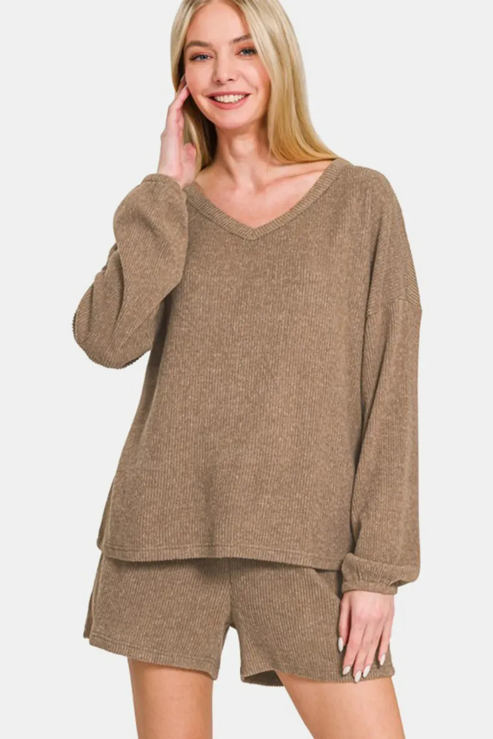 V-Neck Long Sleeve Ribbed Top and Shorts Set — Camel — photo 1