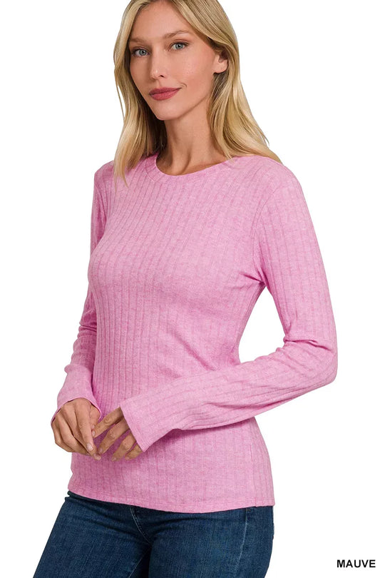 Another view: Ribbed Long Sleeve Round Neck T-Shirt — Mauve