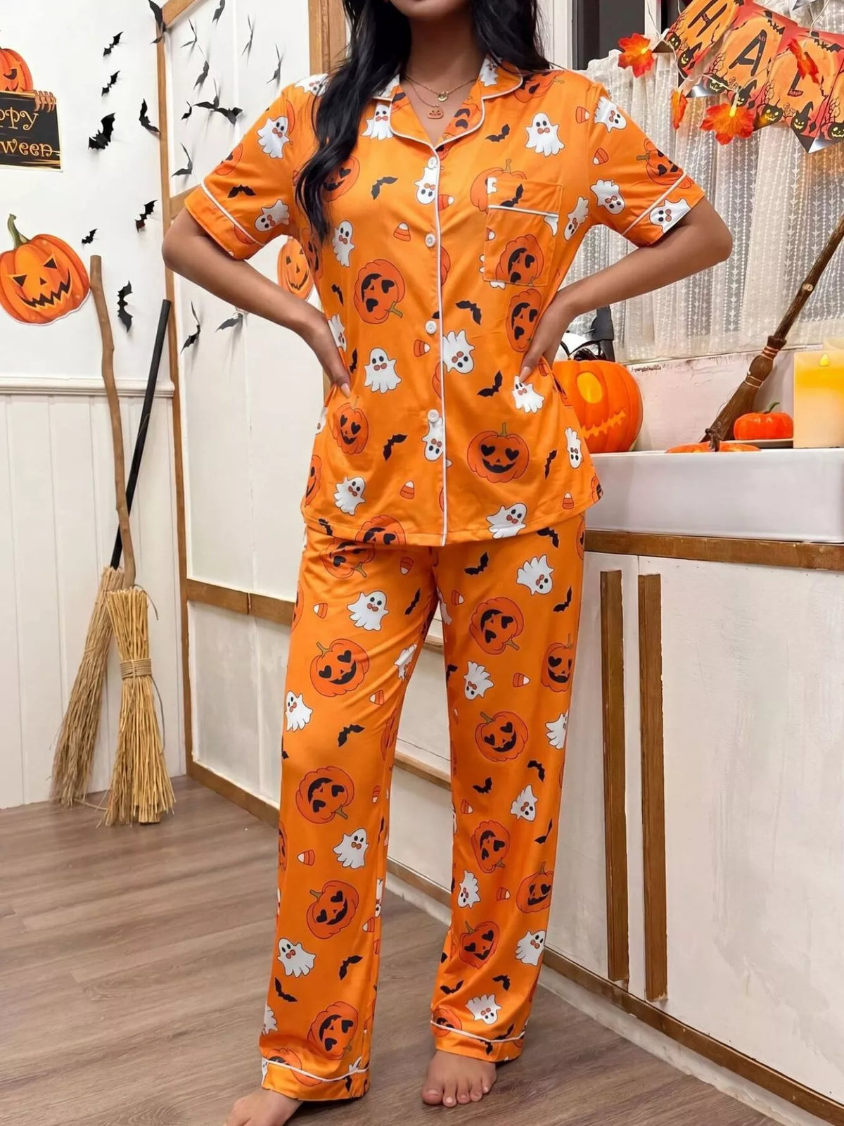 Pumpkin Print Button-Down Lounge Set