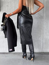 Black faux-leather tie-waist wrap midi skirt
