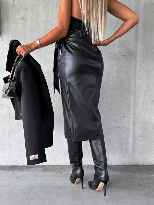 Another view: Black Faux-Leather Tie-Waist Wrap Midi Skirt