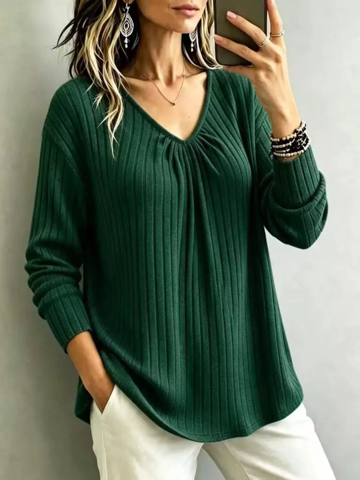 Women's Ribbed V-Neck Long-Sleeve Top — photo 9