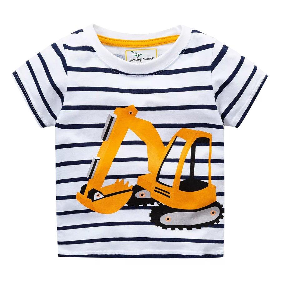 Kids' Striped Excavator Cotton T-Shirt – White