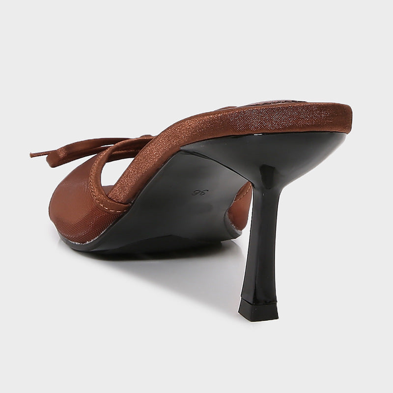 Women's Brown Mesh Bow Sandals - 6cm High Heel Round Toe Slip-On Shoes