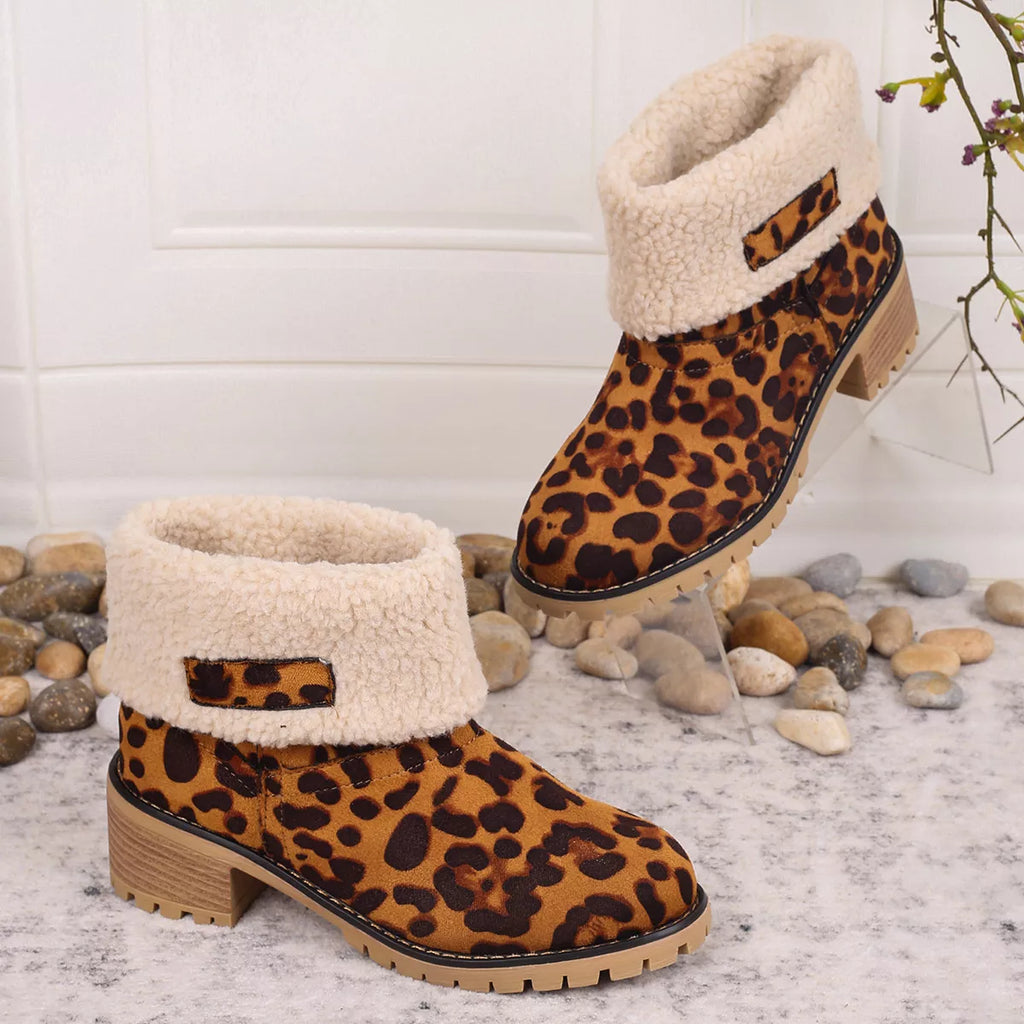 Women's Leopard Print Plush Lined Boots | Mid Heel Slip-On Suede Boots with Warm Faux Fur Lining