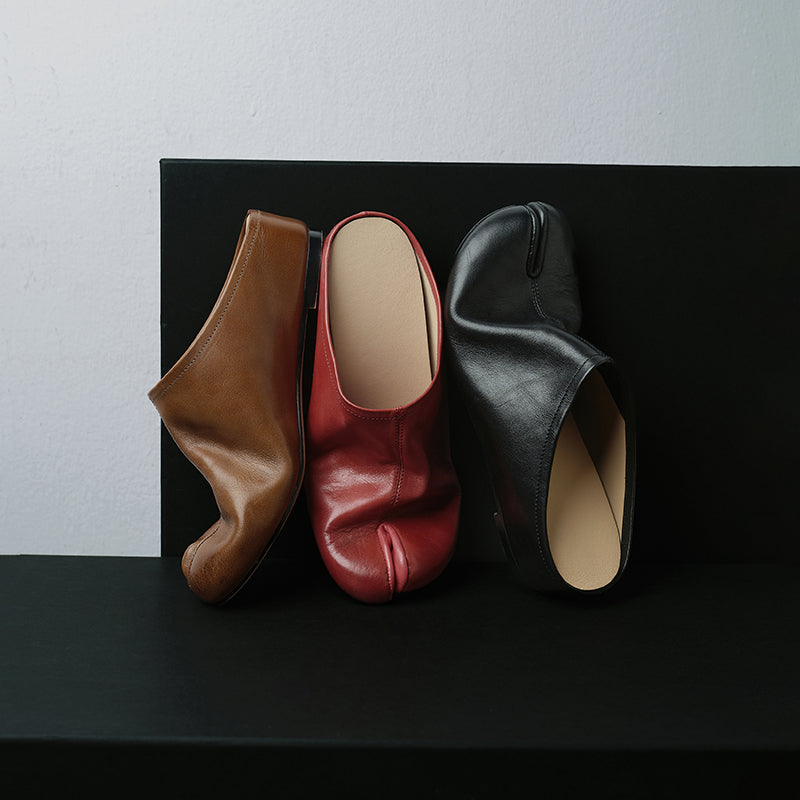Women's Tabi Split-Toe Leather Flats | Full Grain Cowhide Slip-On Mules