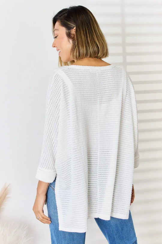 Another view: Curve Waffle Knit V-Neck Long Sleeve Slit Top