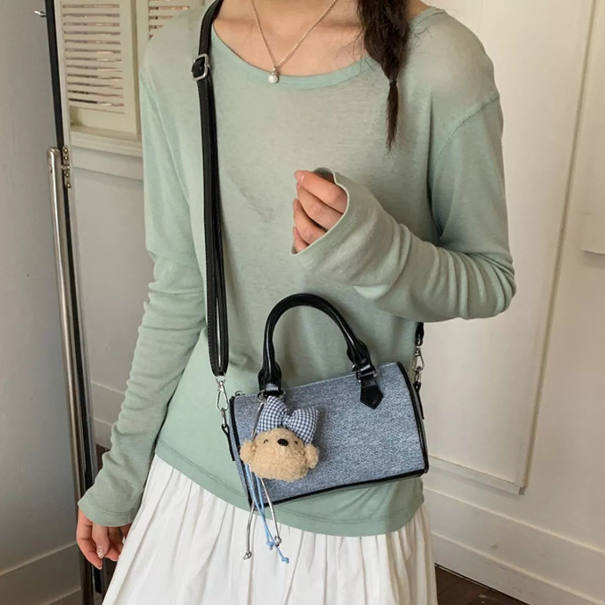 Pastel Blue Denim Barrel Crossbody Bag