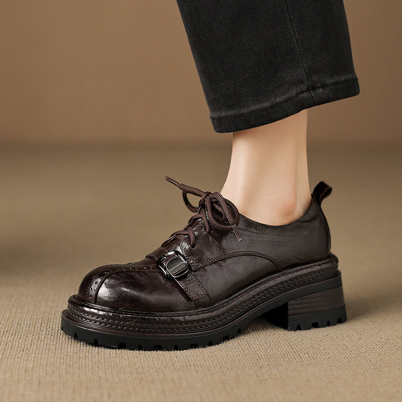 Women's Platform Oxford Shoes | Handmade Full-Grain Sheepskin Chunky Heel Lace-Up Brogues