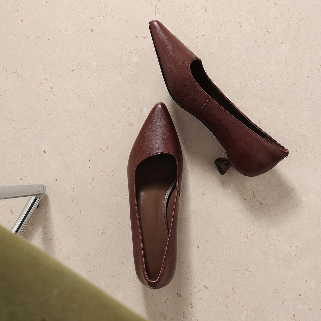 Women's Pointed-Toe Kitten Heel Pumps | Washed Full-Grain Cowhide Office Shoes